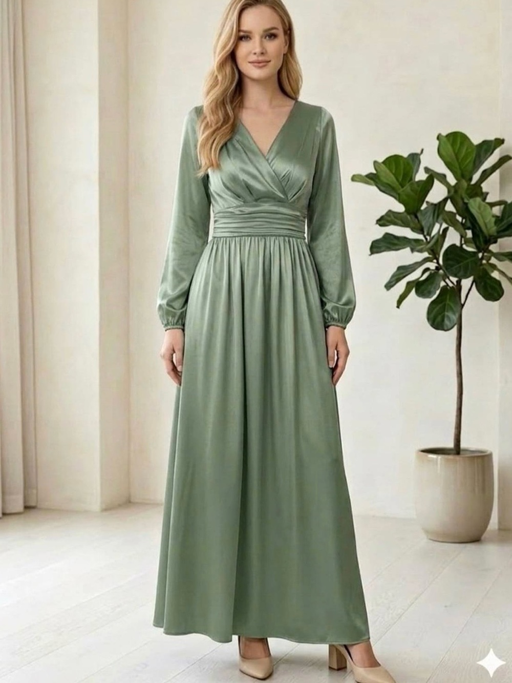 Satin Sage Green Long Sleeve Wrap Maxi Dress